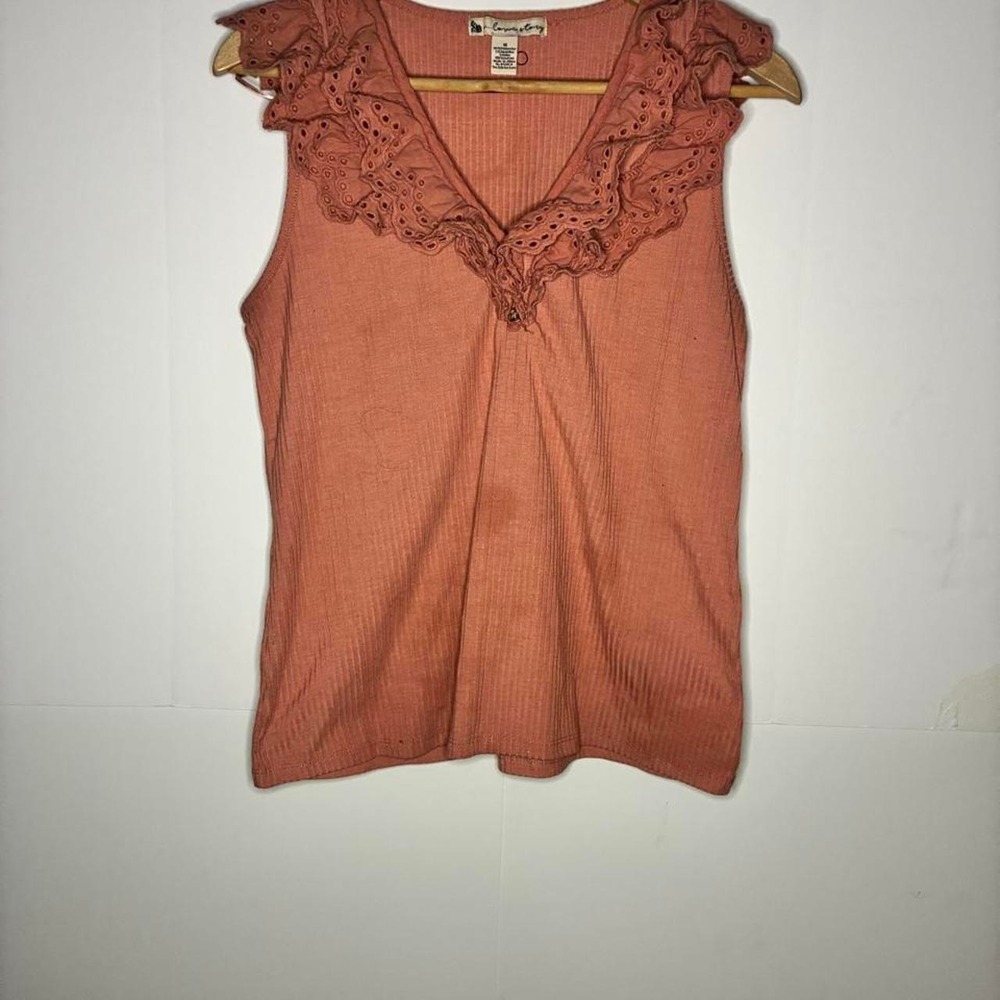 Love Story Pink polyester & spandex blouse with lace trim and ruffles, size M